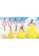 Yellow Sweetheart Beading Quinceanera Dress and Light Pink Short Prom Dresses and Ruffles and Beading Little Girl Dress