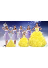 Yellow Sweetheart Beading Ruffles Quinceanera Dress and Lavender Short Dama Dresses and  Beading Ruffles Little Girl Dress