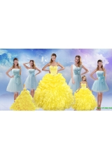 Yellow Sweetheart Rufflers Beading Quinceanera Dress and Bownot Short Prom Dresses and Yellow Spaghetti Straps Beading Pageant Dresses for Little Girl