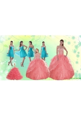 Beading Watermelon Quinceanera Gown and Baby Blue Short Dama Dresses and Halter Top Watermelon Little Girl Dress