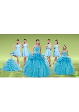 Pick Ups and Embriodery Baby Blue Quinceanera Dress and Ruching Short Dama Dresses and Embroidery Baby Blue Little Girl Dress