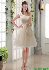 2015 Beautiful Princess One Shoulder Bowknot Lace Dama Dresses in Champagne