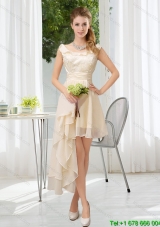 New Style Scoop Lace High Low Short Sleeves Dama Dress for 2015 Summer