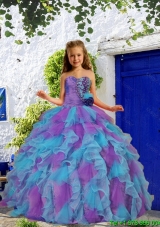 2016 Cheap Beading and Ruffles Purple and Blue Little Girl Pageant Dress with Hand Made Flower