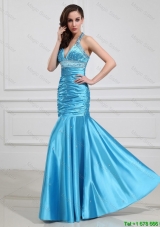2015 Mermaid Halter Top Prom Dresses with Beading in Baby Blue