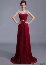 Elegant Brush Train Scoop Zipper Up Prom Dresses in Wine Red