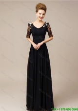 Gorgeous Half Sleeves Laced Black Prom Dresses with V Neck