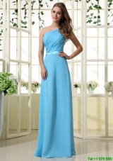 Wonderful One Shoulder Belt and Ruffles Aqua Blue Long Prom Dresses