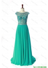 Clearence Bateau Beading Brush Train Prom Dress in Turquoise