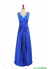 2016 Winter New Designer V Neck Blue Prom Dresses with Beading