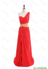 Designer Appliques and Ruffles One Shoulder Prom Dresses with Sweep Train