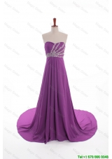 Designer Beaded Court Train Prom Dresses in Eggplant Purple