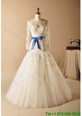 2016 Custom Made A Line High Neck Appliques Wedding Dresses with Ribbons