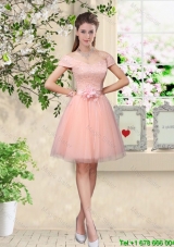 Discount Off the Shoulder Hand Made Flowers Prom Dresses in Baby Pink