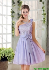 Junior A Line One Shoulder Lace and Bowknot Prom Dresses