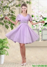Simple A Line V Neck Beaded Prom Dresses in Lavender