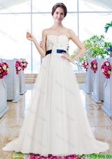 Modest Brush Train Wedding Dresses with Belt and Appliques