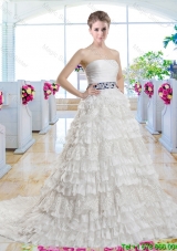 Popular Belt and Laced Wedding Gowns with Ruffled Layers