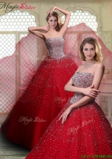 2016 Luxurious Strapless Beading Quinceanera Dresses in Wine Red