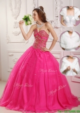 Puffy A Line Hot Pink Quinceanera Gowns with Beading