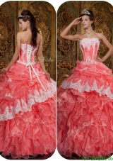 Gorgeous Appliques Waltermelon Strapless Sweet 16 Quinceanera Gowns