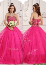 Modern A Line Beading Sweet 16 Quinceanera Gowns in Hot Pink
