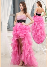 Cheap Sweetheart High-low Pink Prom Dresses with Beading and Belt