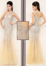 Gorgeous Mermaid One Shoulder Beading Prom Dresses in Champagne