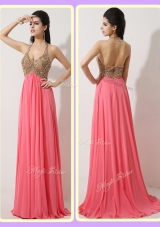 The Most Popular Halter Top Brush Train Watermelon Red Prom Dresses