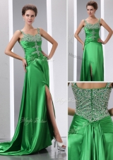 Luxurious Column Beading and High Slit Best Selling Prom Gowns with Court Train