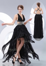 New Style V Neck High Low Best Selling Prom Gowns in Black