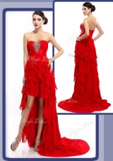 Cheap High Low Beading and Ruffled Layers Discount Evening Gowns in Red
