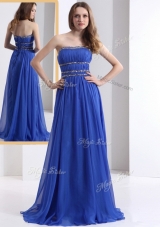 Simple Strapless Empire Blue Discount Evening Gowns with Ruching and Beading