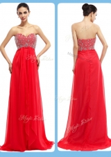 Simple Sweetheart Brush Train Beading Discount Evening Gowns in Red