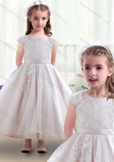 New Arrival Scoop Cap Sleeves Flower Girl Dresses with Appliques