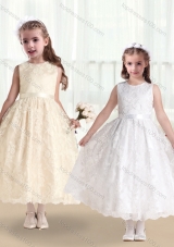 New Arrival Scoop Lace and Belt Flower Girl Dresses in White