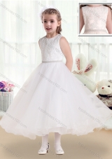 New Arrival Scoop Tea Length Flower Girl Dresses with Lace