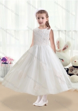 New Arrival Scoop Tea Length White Flower Girl Dresses with Appliques