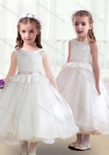 New Arrival Tea Length White Flower Girl Dresses with Appliques