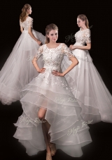 Latest Appliques High Low Wedding Dresses with Short Sleeves