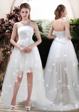 Modern Strapless Appliques and Belt Zipper Up Wedding Dresses with High Low
