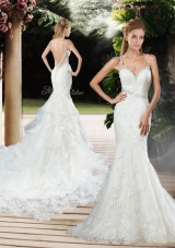 2016 Elegant Straps Beaded and Lace Wedding Dresses with Court Train