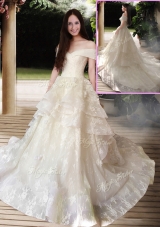 New Style A Line Court Train Wedding Dresses with Off the Shoulder