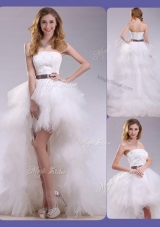 Romantic High Low Ruffles and Belt Wedding Dresses with Zipper Up