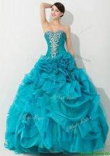 2016 Princess Teal Sweet 16 Dress with Beading and Rolling Flowers for Spring