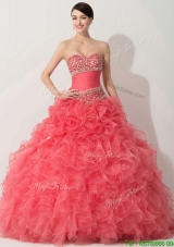 Princess Coral Red Sweet 16 Dress with Beading and Ruffles