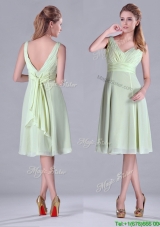 2016 Lovely Tea Length Ruched and Belted Dama Dress in Yellow Green