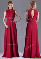 Empire High Neck Open Back Red Prom Dress with Beading and Hand Crafted