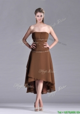 Exclusive Beaded Strapless High Low Brown Christmas Party Dress in Chiffon