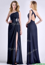 Exquisite One Shoulder Navy Blue Christmas Party Dress with Beading and High Slit